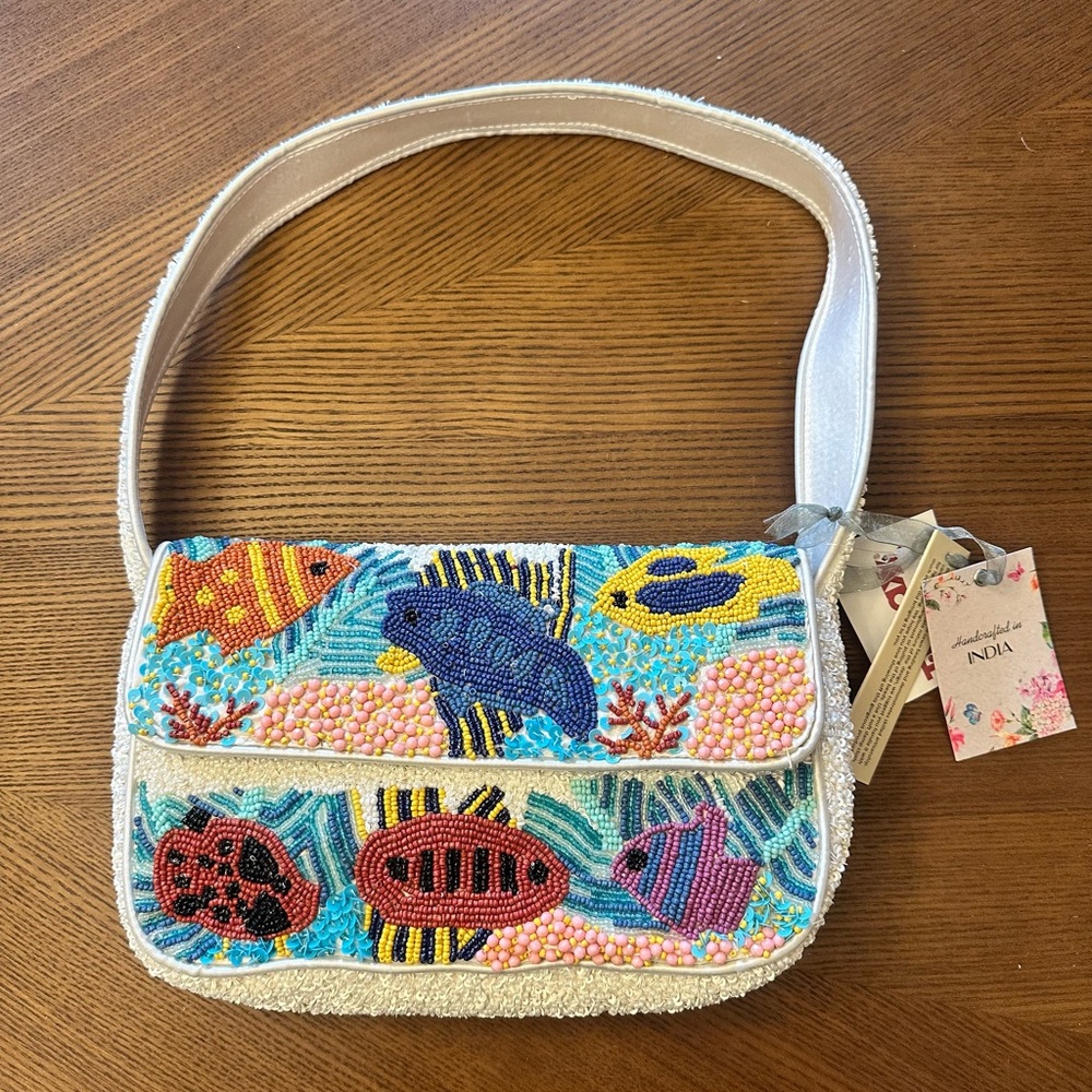 Handmade Beaded‎ Fish Bag Shoulder Bag Made in India Ocean NWT